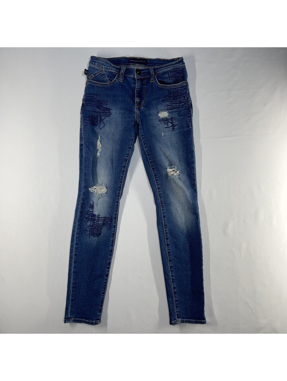 Rock & Republic Jeans Womens 6 Denim Blue 29x29 Berlin Skinny Embroidered Grunge